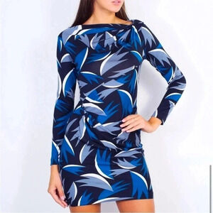 Diane Von Furstenberg Jarely Silk Long Sleeve Geometric Blue Black Dress size 4